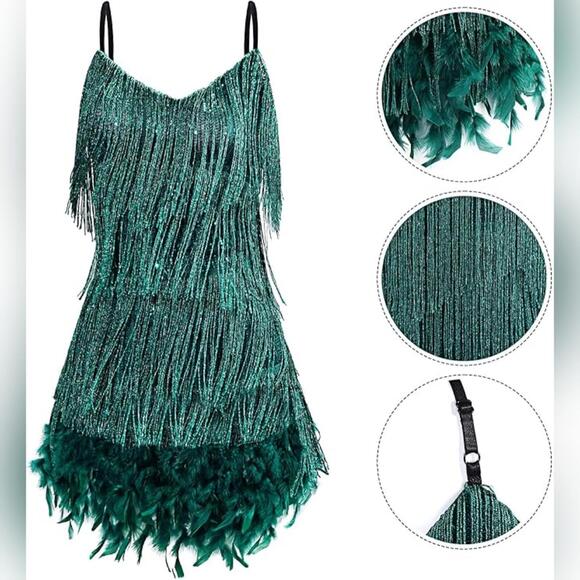 NIB Floraltop 7 Pcs 1920s Flapper V Neck Dress and Accessories, S (2-4) - Picture 4 of 7